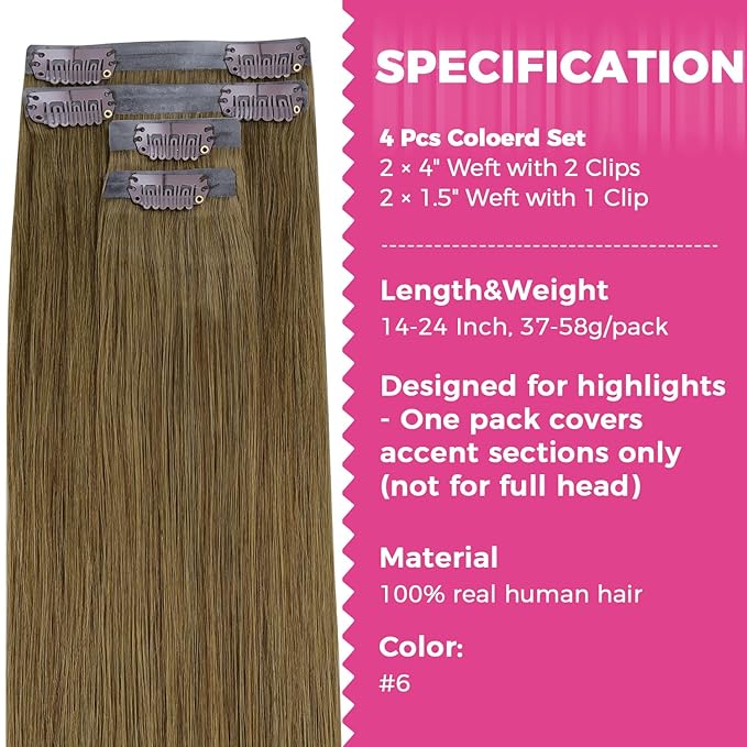 Lashey Clip in Hair Extensions Real Human Hair, 4pcs 50g Medium Brown Human Hair Extensions 22 Inch Straight Hair Extension Clips for Black Women
