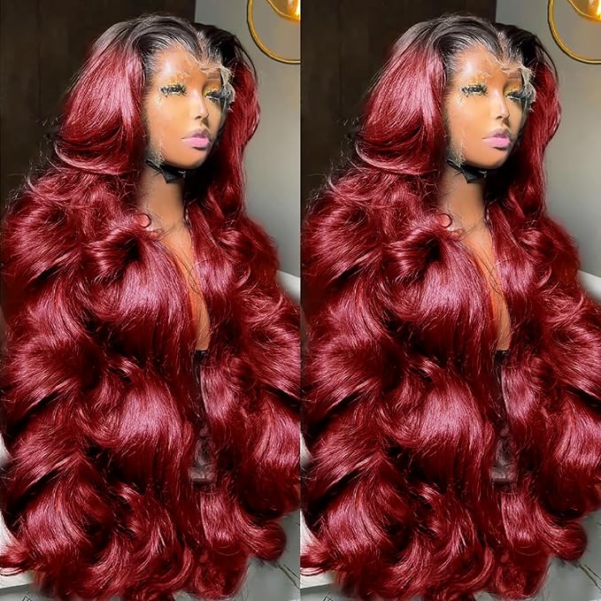 AMIRTY 250 Density Burgundy Lace Front Wigs Human Hair 13x6 HD Transparent Body Wave Lace Front Wig Pre Plucked 1B/99J Burgundy Red Wine Glueless Human Hair Wigs for Women 28 Inch