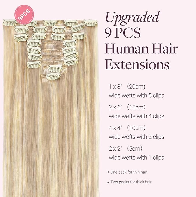 GOO GOO Clip in Hair Extensions Real Human Hair, Remy Human Hair Extensions Clip ins for Women, Natural Human Hair, 22inch 150g 9 Pcs, #18F/60A Balayage Light Wheat Platinum Blonde
