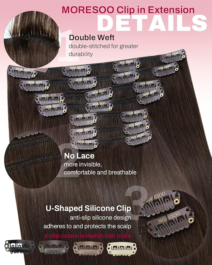 Moresoo Brown Clip in Hair Extensions Remy Double Weft Human Hair Clip in Extensions Straight Hair Extensions for Women Medium Brown #4 7pcs 135g 20inch