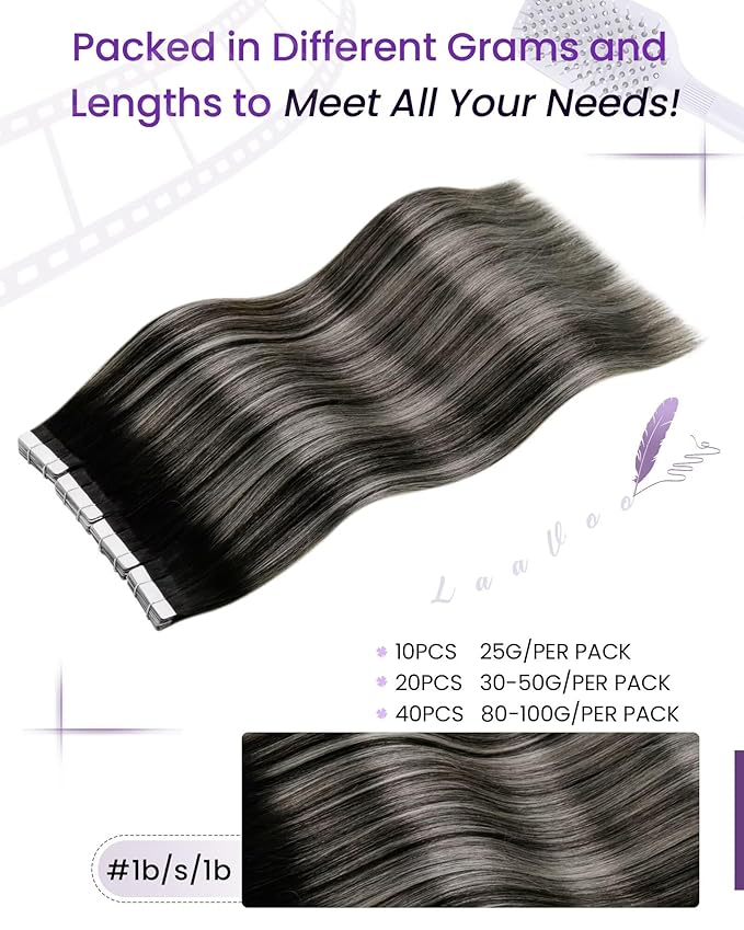 LaaVoo Tape in Hair Extensions Human Hair Balayage Tape in Human Hair Extensions Ombre Off Black to Silver Grey Hair Extension Tape on Soft Hair 24inch 20pcs 50g