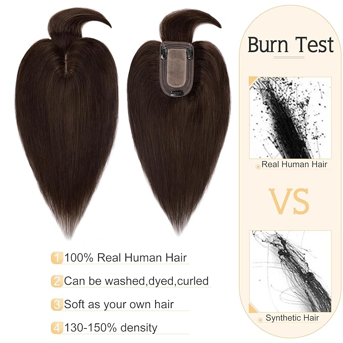 SEGO Hair Toppers for Women Real Human Hair With Bangs, 7 * 13CM Silk Base 100% Remy Human Hair Clip in Top Wiglet Hairpieces Add Volume //12 Inch Dark Brown