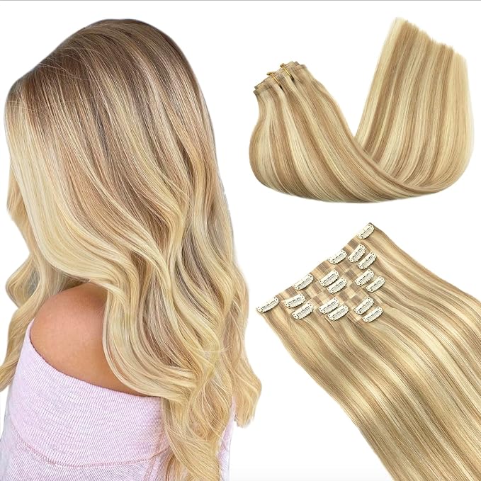 GOO GOO Clip in Hair Extensions Real Human Hair, Remy Human Hair Extensions Clip ins for Women, Natural Human Hair, 22inch 160g 7Pcs, #18A/613A Dark Blonde Highlighted Bleach Blonde