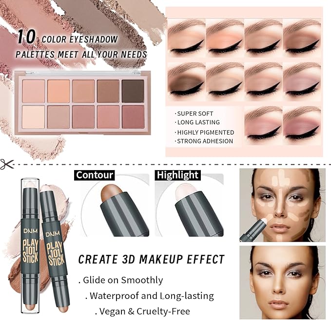 Makeup Kit For Girls Teens Women, Makeup Set, Makeup Present, Includes Eyeshadow Palette, Foundation, Eyebrow Pencil, Eyeliner, Lip Gloss, Counter Stick, Makeup Brush Set Bag & Sponge