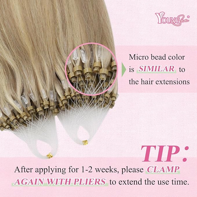 YoungSee Micro Beads Hair Extensions Blonde Microlink Hair Extensions Highlight Blonde with Golden Blond Bead Extension Human Hair for Long Hair 24Inch 50g 50s Natural Hair Extension