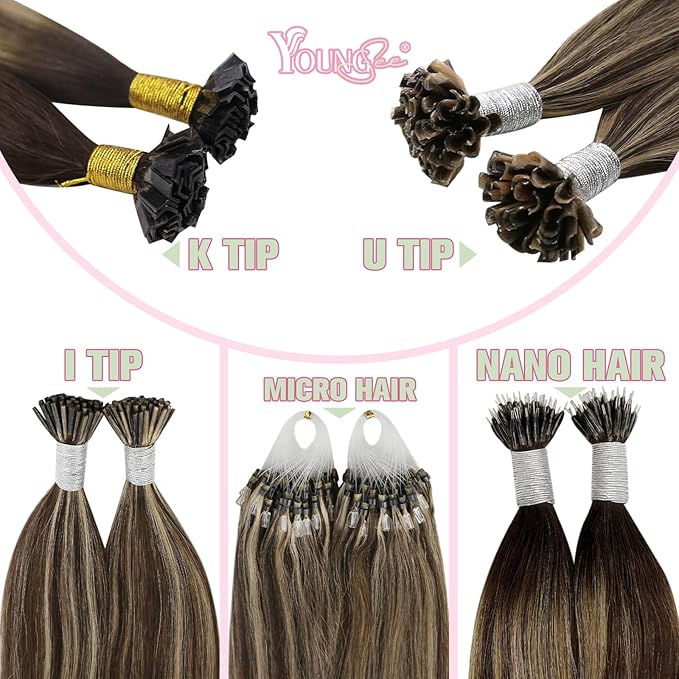 YoungSee K Tip Hair Extensions Real Human Hair Balayage Brown with Blonde 16In K Tip Keratin Hair Extensions Balayage Pre Bonded Hair Extensions Comfortable and Soft Hair Extensions Ktip 50S/50G