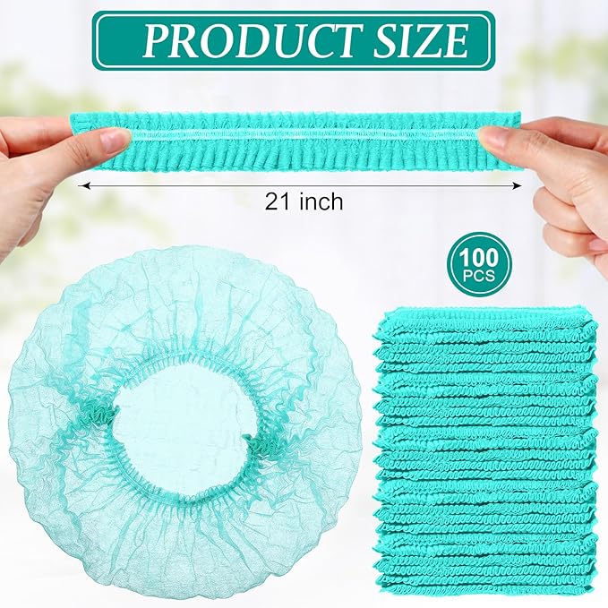 100 Pcs Disposable Nonwoven Bouffant Caps 21 Inch Hair Net Elastic Cap Hair Cover Hats for Beauty Salon Hospital Spa Catering Dust-free Workspace(Green)