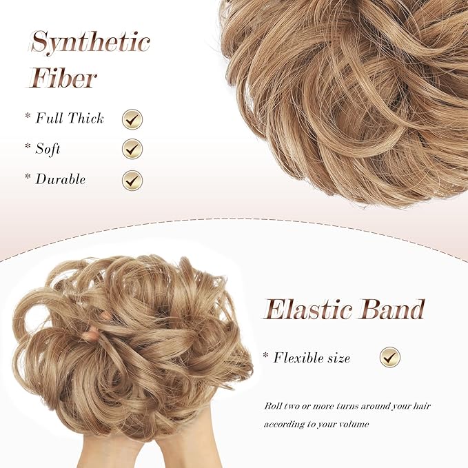 FESHFEN Messy Bun Hair Piece - Elastic Wavy Curly Hair Bun Scrunchies Extensions Synthetic Chignon Hairpieces for Women Girls, Strawberry Blonde 1.5 oz