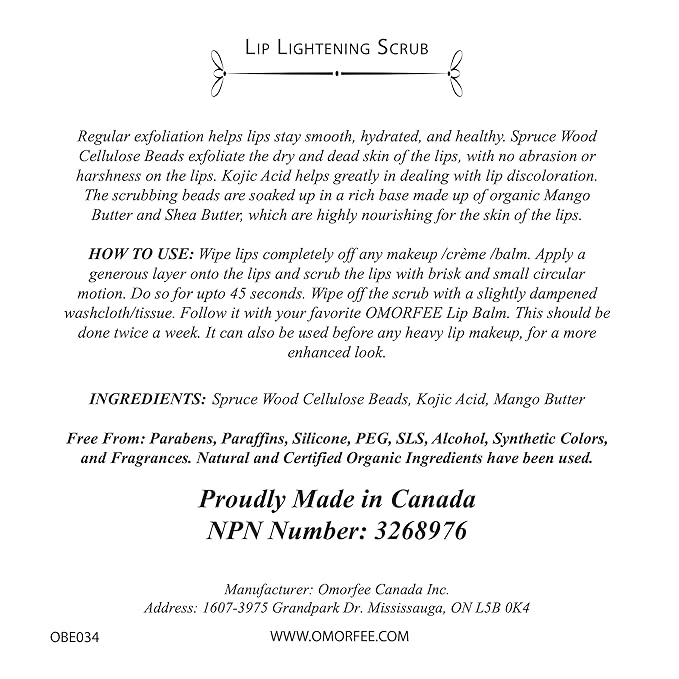 Omorfee 100% Organic Lip Lightening Scrub, Vegan Lip Exfoliator & Moisturizer, Gentle Overnight Lip Mask Treatment, With Kojic Acid, Vitamin E & Natural Beads for Dull, Dry & Dark Lips- 20g/0.70Oz