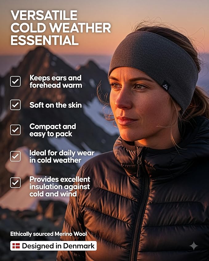 DANISH ENDURANCE Merino Wool Headband, with Thermal Inner Fleece, for Men and Women, Unisex, Black, M/L