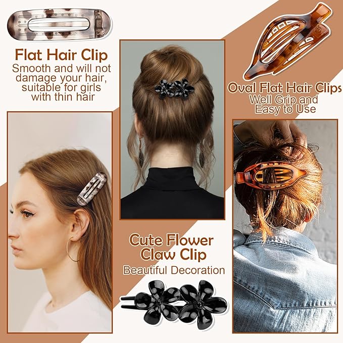 10 Pcs Flat Hair Clips for Women, 3 Styles Tortoise Flat Claw Clips, Strong Hold No Slip French Flat Hair Clips for Thin Thick Curly Hair, Tortoiseshell