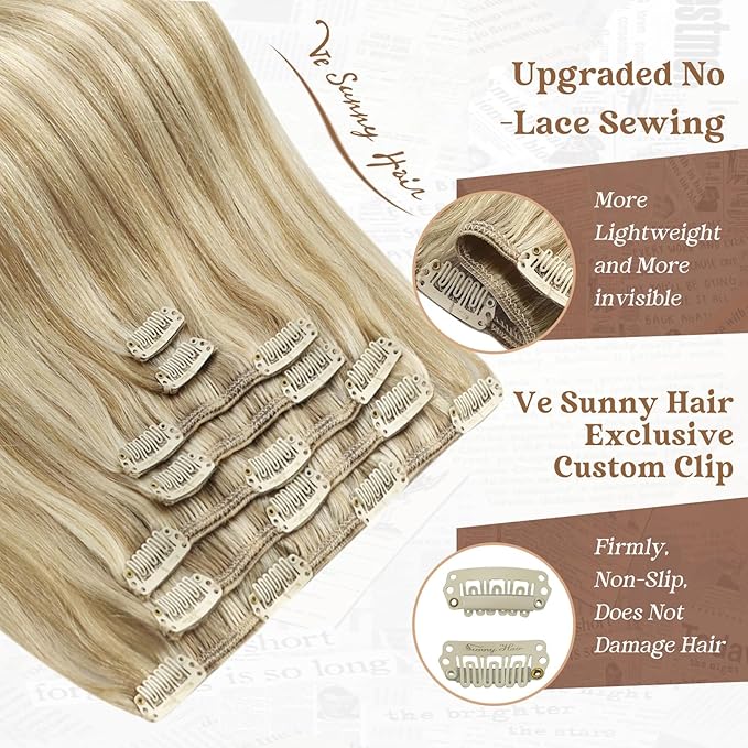 Ve Sunny Clip in Hair Extensions Real Human Hair Dark Blonde Highlights Golden Blonde Clip on Extensions for Women Natural Human Hair Extensions Straight 7pcs 18 inch 120g