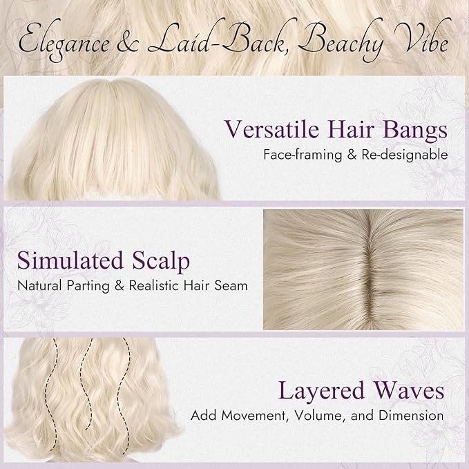 BARSDAR Short Wavy Platinum Blonde Wig with Bangs - Short Wavy Platinum Blonde Wig for Women - Textured Curly Chic French Bob Wigs with Face-Framing Bangs Soft Synthetic Natural Looking