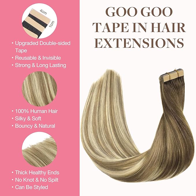 GOO GOO Tape in Hair Extensions Human Hair, 3/8/613 Walnut Brown to Ash Brown and Bleach Blonde, 16inch 50g 20pcs, Skin Weft Seamless Invisible, Silky Straight with Thick Ends, Remy Human Hair