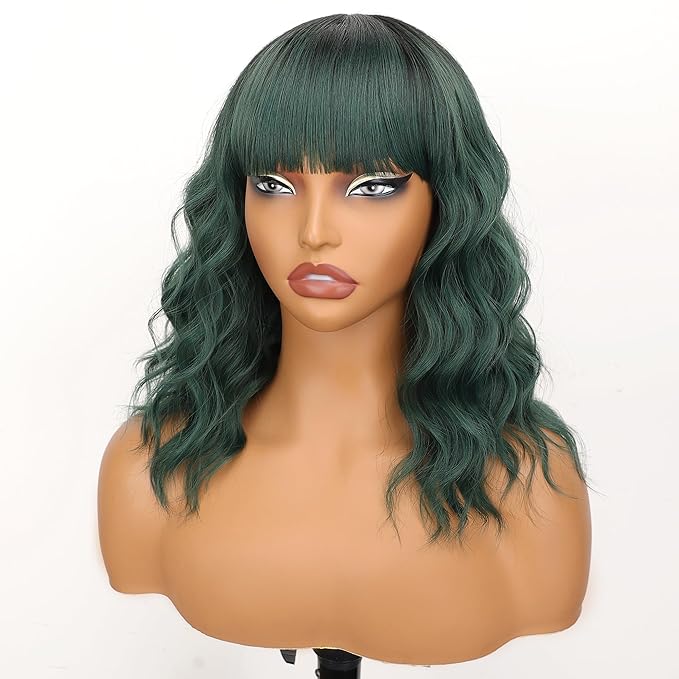 Nnzes Ombre Green Wigs with Bangs for Women Short Bob Synthetic Wigs Shoulder Length Wavy Heat Resistant Hair for Daily Party Use