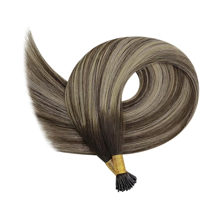 YoungSee I Tips Hair Extensions Real Human Hair Balayage Itip Hair Extensions Human Hair Brown Ombre Dark Brown with Ash Blonde I Tip Extension 20In I-Tip Human Hair Extension 50g 50s