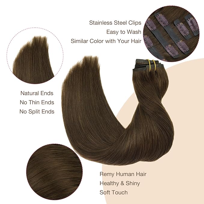 GOO GOO Clip in Hair Extensions Real Human Hair, Remy Human Hair Extensions Clip ins for Women, Natural Human Hair, 22 Inch 140g 7Pcs, 4A Chocolate Brown