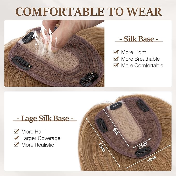 Rich Choices Hair Toppers for Women Real Human Hair 100% Human Remy Toppers NO Bangs for Women with Thinning on Top Clip in Hairpiece 4"x4.7"Lace Base 12 Inch #6 Light Brown