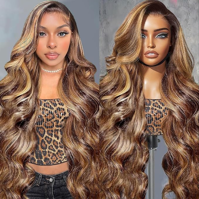 AMIRTY 250 Density 34 Inch Highlight Ombre 360 Lace Front Wig Human Hair Honey Blonde Body Wave HD Lace Front Wigs Human Hair Pre Plucked Brown 4/27 Colored Lace Frontal Glueless Wigs for Women