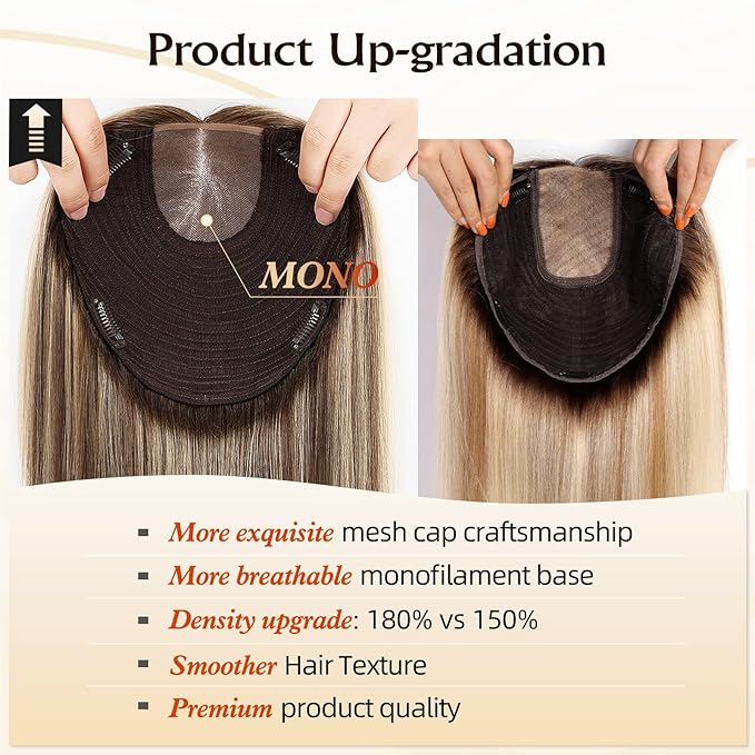 MONO TOP Hair Toppers for Women Human Hair 12 Inch 7"×8" Big Base Partial wig Cover Thinning Hair or Loss No Bangs Top Hair Pieces Natural Wiglets (Ombre Brown Mix Platinum)