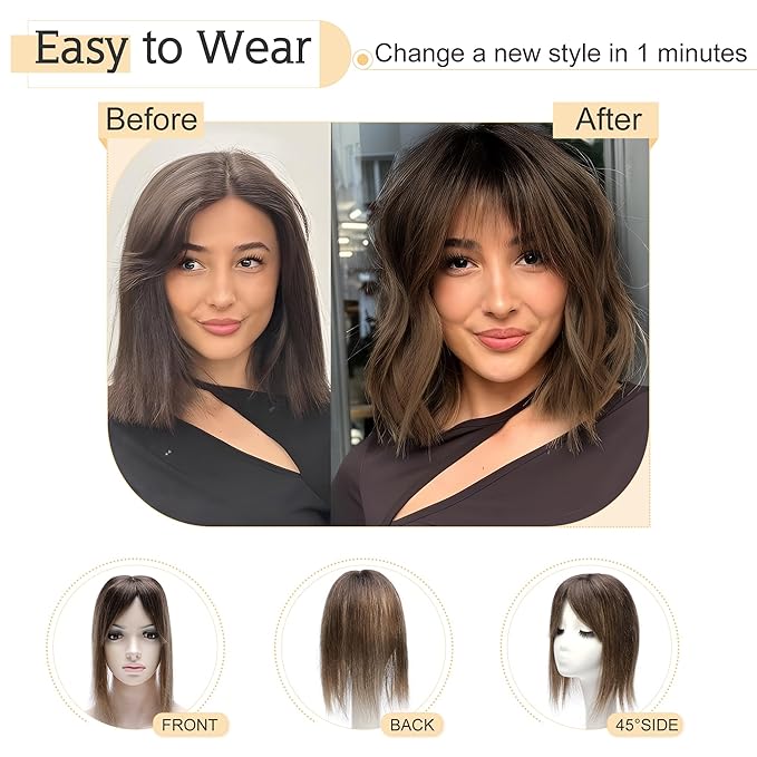 SEGO Hair Toppers for Women Real Human Hair With Bangs, 7 * 13CM Silk Base 100% Remy Human Hair Clip in Top Wiglet Hairpieces Add Volume -12 Inch Dark Brown ombre Light Brown