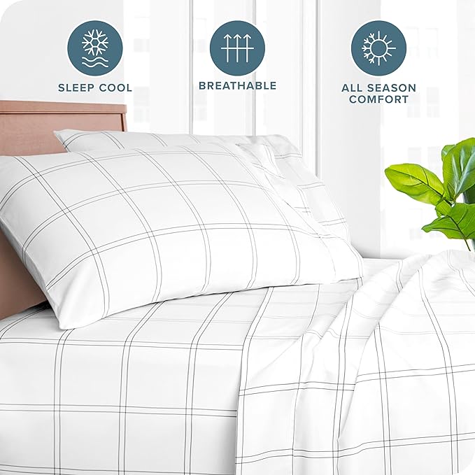 Bare Home Microfiber Pillow Cases - King Size Set of 2 - Cooling Pillowcases - Double Brushed - Pillowcases 2 Pack - Easy Care (King, Modern Plaid - White/Grey)