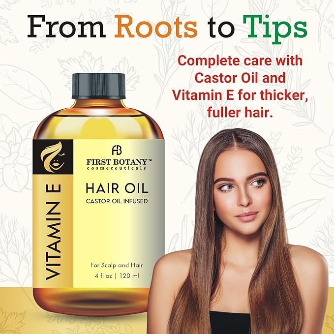 First Botany Vitamin E Castor Oil Encourages Hair Growth, Scalp & Hair Strengthening Serum, Nourishing Treatment for Split Ends, Dry Scalp, Safe for All Hair Types, 4 fl oz