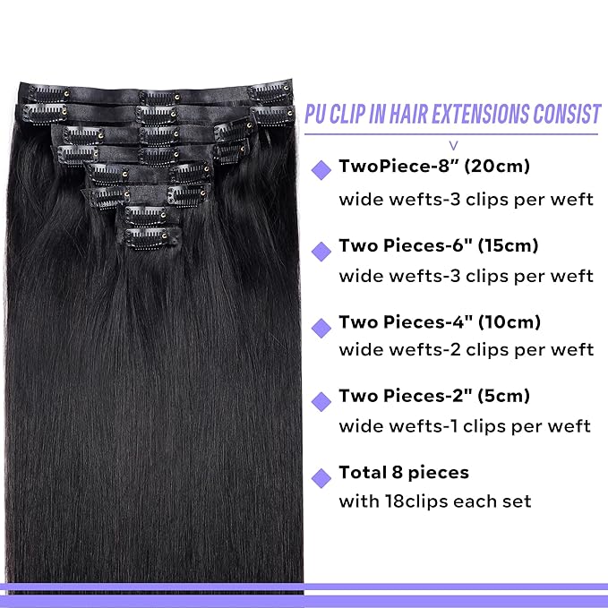 Seamless Clip In Hair Extensions Real Human Hair Straight 8Pcs 120g Hair Extensions Clip In Brazilian Human Hair Extensions PU Skin Weft with 18Clips 24inch Natural Black