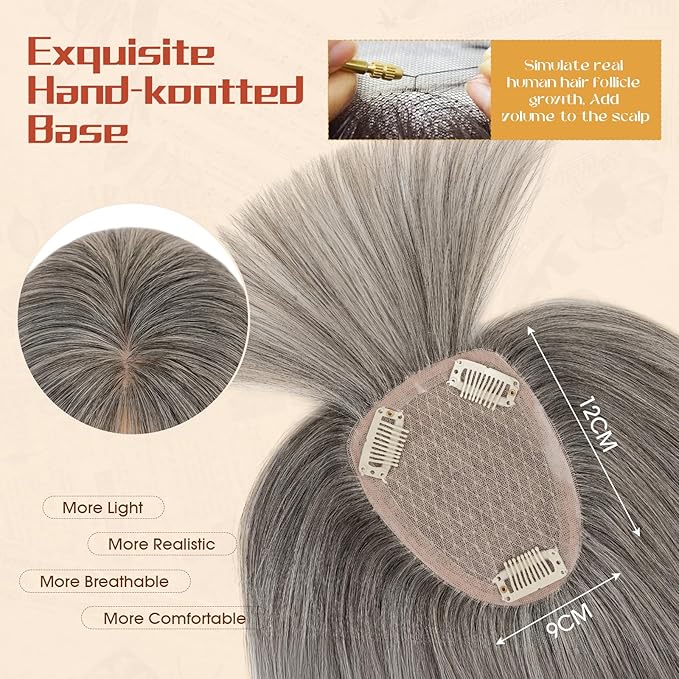 Rich Choices Human Hair Toppers for Women-100% Real Remy Hair Topper with 3D 360°Bang-Upgraded 150% Density 9 * 12CM Lace Base-Clip in Hairs topper for Thinning Hairs-12Inch #G2 Grey