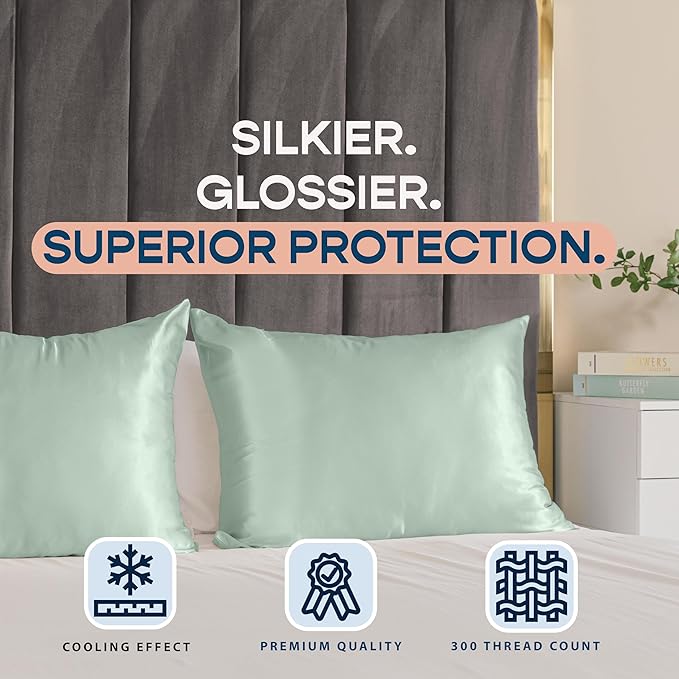 BLISSFORD Satin Pillowcase with Zipper, for Hair and Skin Care, Feels Soft and Cool Like a Silk Pillowcase, Satin Pillow Cases 2 Pack, Slik Pillow Cover, Mint - Standard Size, Set of 2
