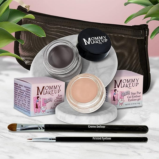 The Everlasting Eye 5 Piece Waterproof Makeup Set. Gel Eyeliner, Creme Eyeshadow, 2 brushes and Mesh Bag. Paraben-free, Talc-free, Cruelty-free. Nudetrality/Chocolate Kiss 2402
