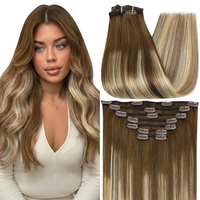 Full Shine Clip in Human Hair Extensions 18 Inch Real Hair Extensions Straight Clip in Human Hair Medium Brown Roots Ash Brown Mix Dirty Blonde Remy Hair Extension 7 Pcs 120 G