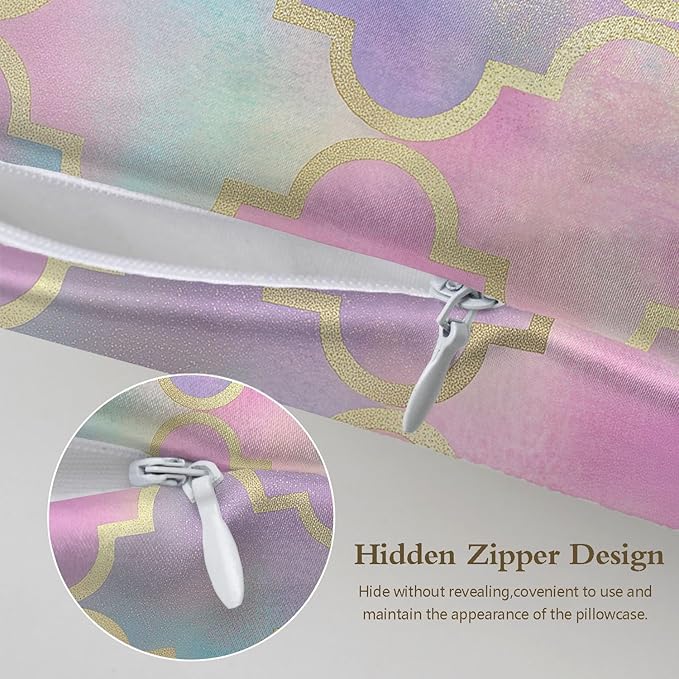 1 Pack Satin Pillowcase for Hair and Skin Vintage Colorful Moroccan Gold Line Imitation Silk Pillowcase with Hidden Zipper Soft Breathable Pillow Cover Standard Size for Bedroom Sofa 20”x26”