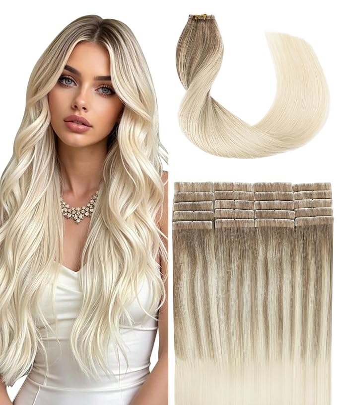 SURNEL Injection Tape in Hair Extensions Human Hair 18Inch Ash Brown to Platinum Blonde Invisible Tape in Extensions 20 Pcs 40g(#860,18)