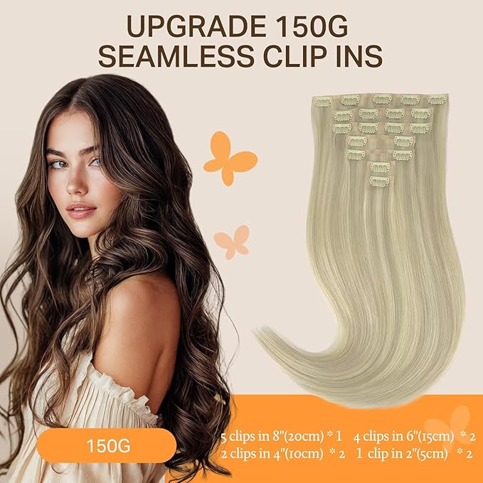 DOORES Clip in Hair Extensions, Real Human Hair, Ash Blonde Highlighted Platinum Blonde 150g 7pcs 22 Inch Clip in Virgin Hair Extensions, Invisible Edge