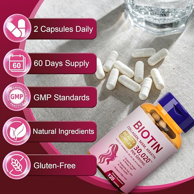 25-in-1 Biotin Supplement for Longer, Thicker & Healthier Hair, with Kertain, MSM, Zinc, Natural Herbal Extracts, Hair Growth Capsules Perfects for Women and Men, 120 Capsules