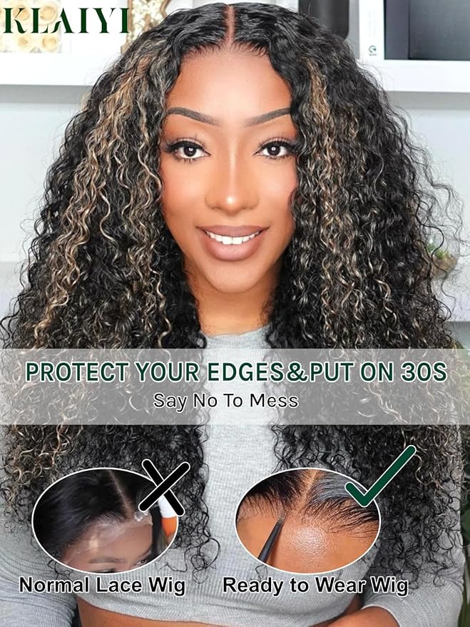 KLAIYI Ombre Highlight Blonde Water Wave Glueless Pre Everything 13x4 Lace Front Wigs Human Hair Drawstring Pre Plucked Pre Bleached Bye Bye Knots Curly Wig with Dark Roots Ready to Wear and Go 20Inch