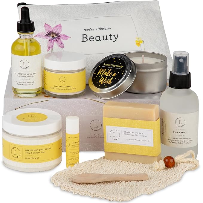 Lizush Luxury Spa Gifts for Women - 9 Piece Citrus Spa Gift Baskets for Women, Relaxation Birthday Gift Set, Handmade in the USA, Self Care Gift Sets For Wife, Mom, Co-Worker, Best Friend