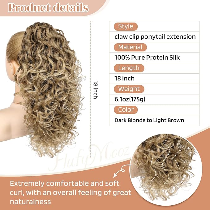 Flufymooz 100％ Pure Protein Ponytail Extension, 18 Inch Curly Claw Clip Ponytail Hair Extensions Natural Soft pony tail hairpiece for women-Dark Blonde