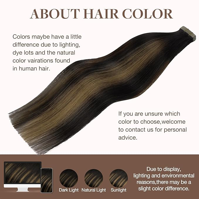 GOO GOO Tape in Hair Extensions Human Hair, 1B/6/1B Balayage Natural Black to Chestnut Brown, 14inch 25g 10pcs, Skin Weft Seamless Invisible, Silky Straight with Thick Ends, Remy Human Hair