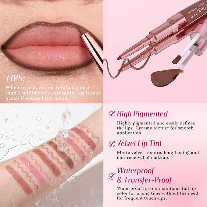 2-IN-1 Lip Liner and Lip Stain, High Pigmented Long Lasting Velvet Lip Tint, Well-Defined Lipliner, Weightless Waterproof Not Animal Tested, Matte Finish Makeup