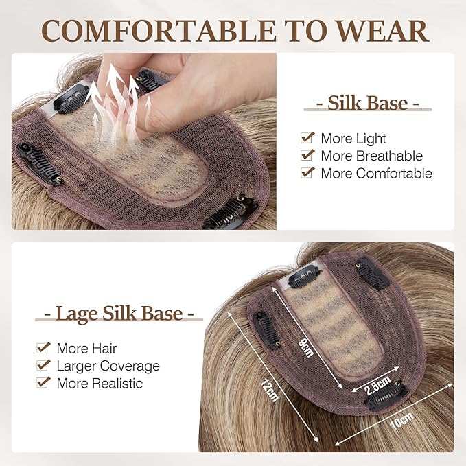 Rich Choices Hair Toppers for Women Real Human Hair 100% Human Remy Toppers NO Bangs with Thinning on Top Clip in Hairpiece 4"x4.7"Lace Base 6 Inch #4P27 Medium Brown Highlights Dark Blonde