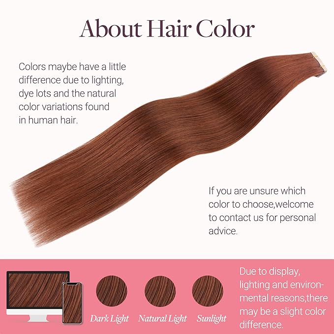 GOO GOO Tape in Hair Extensions Human Hair, #33B Dark Auburn Copper, 14inch 25g 10pcs, Skin Weft Seamless Invisible, Silky Straight with Thick Ends, Remy Human Hair