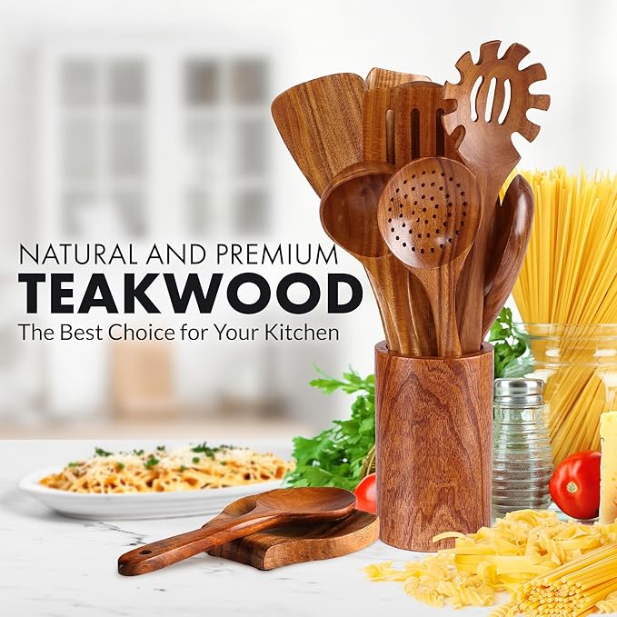 Zulay Kitchen 12-Piece Teak Wooden Utensils for Cooking - Natural Teak Utensil Set with Premium Gift Box - Non-Stick Wooden Spoons for Cooking - Kitchen Gift Set - Comfortable Grip Wooden Utensil Set