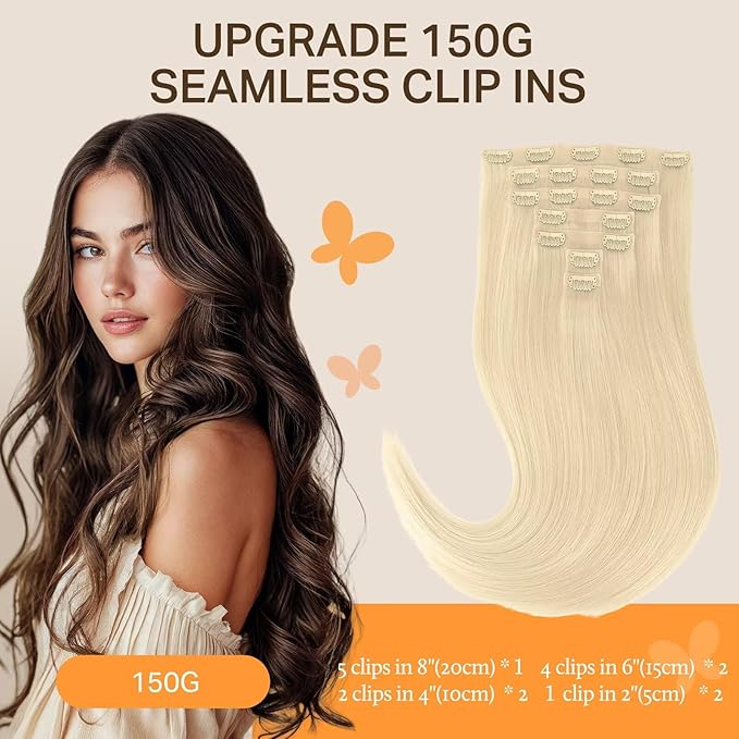 DOORES Human Hair Extensions, Bleach Blonde 150g 7pcs 22 Inch, Seamless Clip in Hair Extensions Remy Human Hair for Women Extensions Thick Straight Hair Invisi Edge Hair Extensions