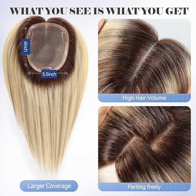 HAIRCUBE Hair Toppers for Women 100% Real Human Hair, Ombre Light Blonde, 6"*5.5"MONO Large Base,65g Hand-moven Real Human HairToppers for Women with ThinningHair