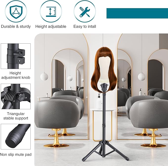 Wig Stand with Head 50 Inches, Wig Head Stand with 22 Inches Mannequin Head, Height Adjustable Metal Tripod Wig Stand, Manikin Head Set for Wigs Display Making Hair Weave and Styling