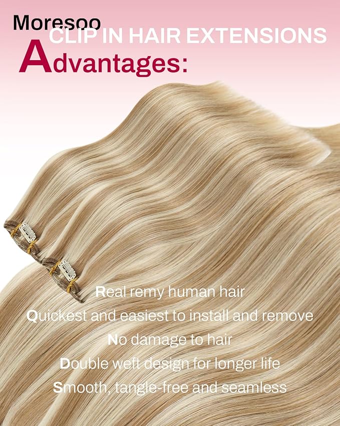 Moresoo Blonde Highlight Clip in Hair Extensions Light Brown with Highlights for Women Short Human Hair Clip in Extensions Light Brown with Platinum Blonde Double Weft 80g/5pcs 12in
