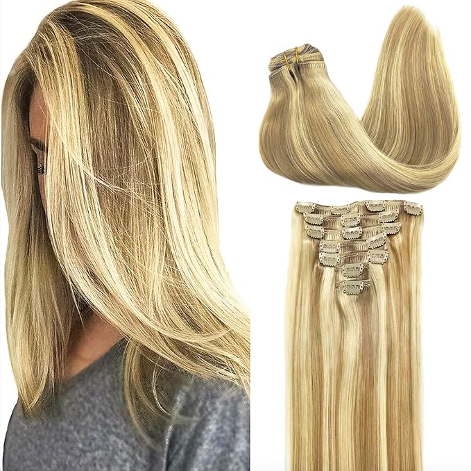 GOO GOO Clip in Hair Extensions Real Human Hair, Remy Human Hair Extensions Clip ins for Women, Natural Human Hair, 16inch 160g 7Pcs, #16/22 Light Blonde Highlighted Golden Blonde