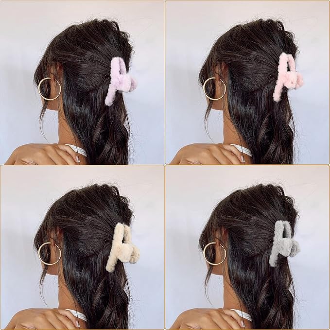 5PCS Large Claw Hair Clips for Thick Hair Big Fuzzy Hair Clips for Women Nonslip Strong Hold Hair Claw Clip (Plush (Blue+Grey+Pink+Purple+Beige))